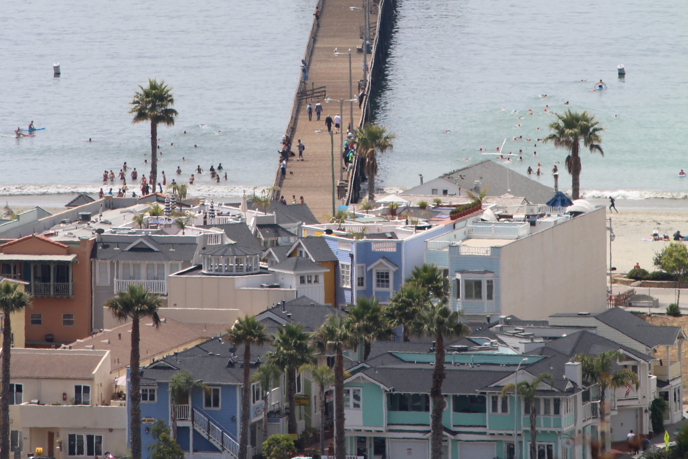 Colorful houses and palm trees along Avila Beach leading to the pier