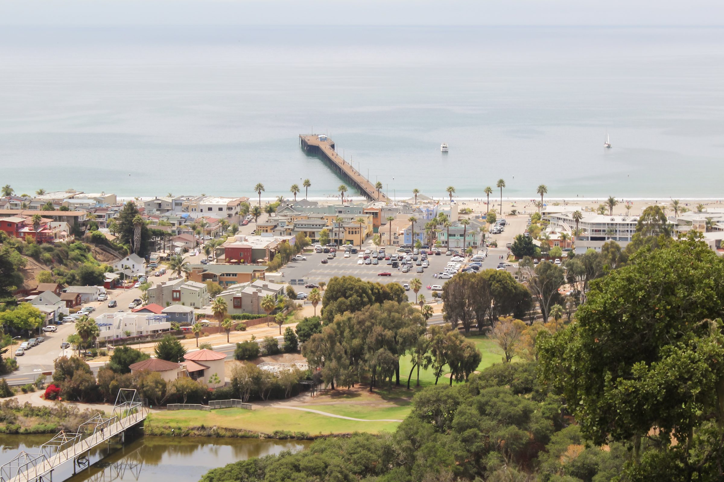 Avila Beach from the hillside: the golf course, the main parking lot, Front Street and the pier