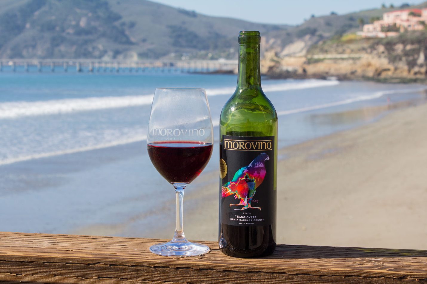 A glass of red wine and a bottle on a railing above Avila Beach, with Harford Pier behind