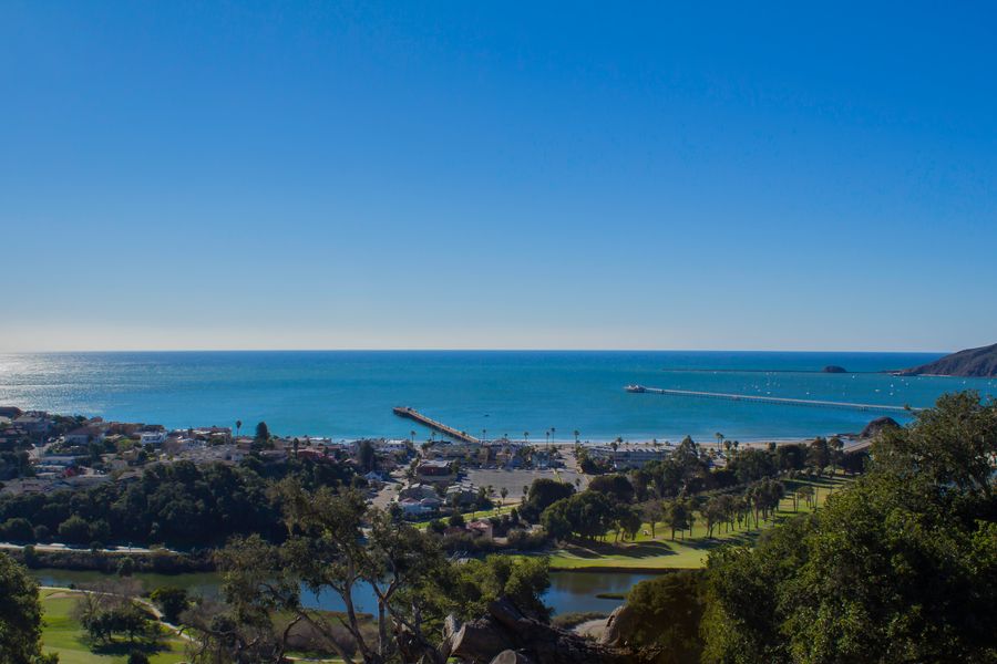 Avila Beach, the golf course and both piers from a hillside trail on a clear blue day