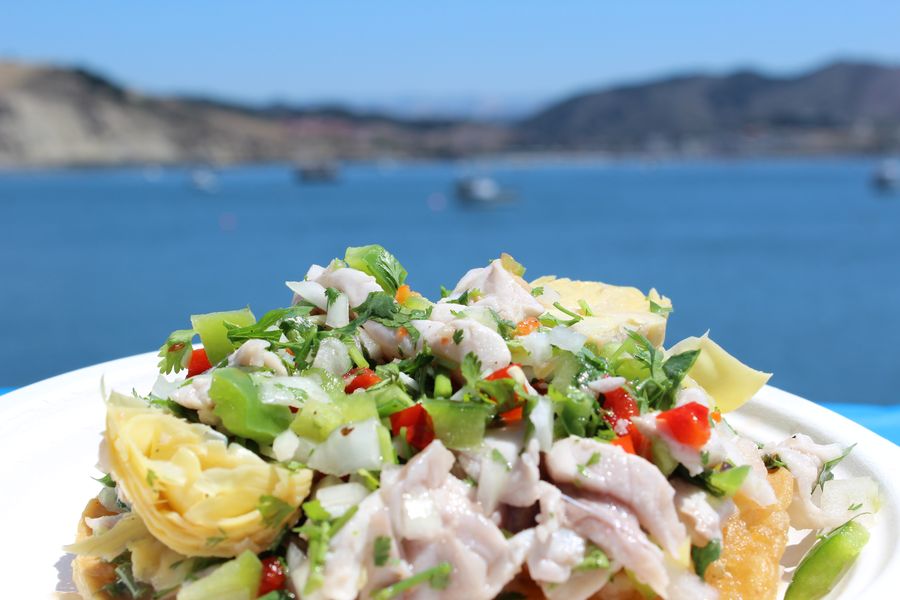 A plate of fresh fish ceviche with peppers, cilantro and artichoke hearts, with San Luis Bay behind