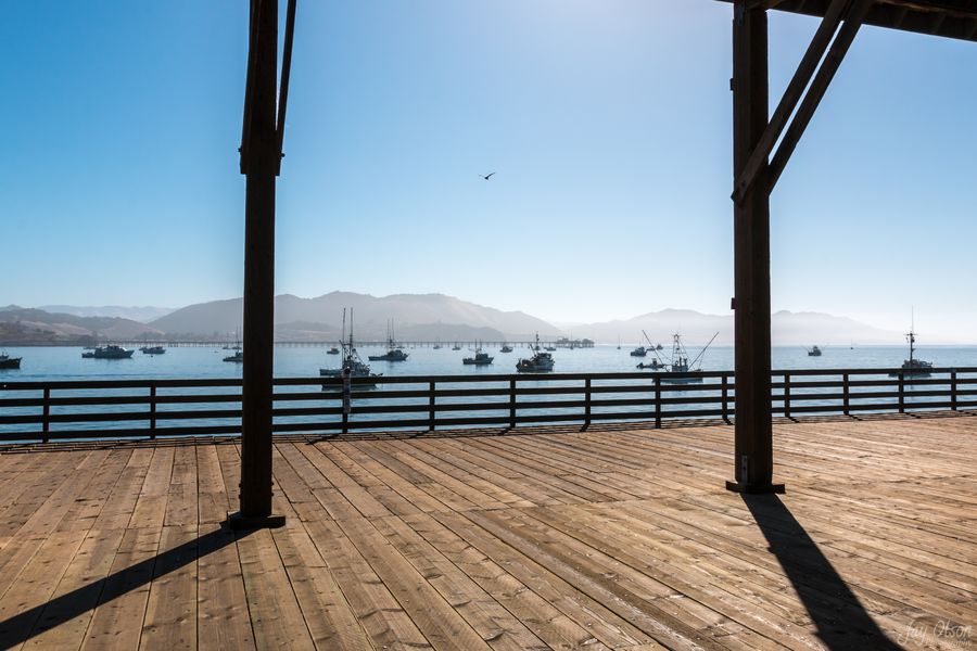 Fishing boats moored off Harford Pier, seen from the shaded pier deck