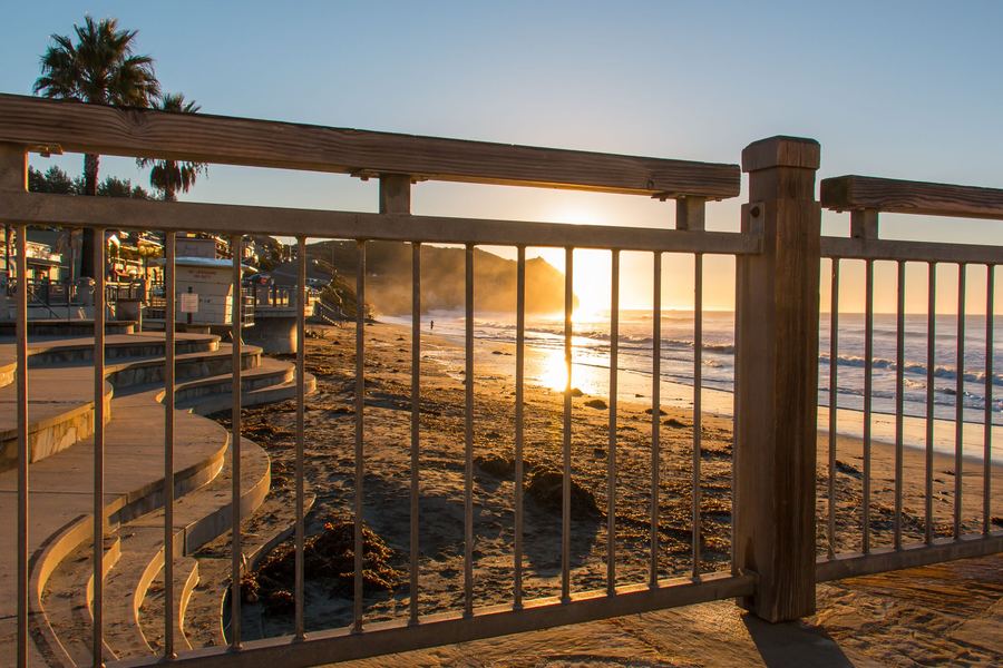 Sunrise over San Luis Bay from the Avila Beach promenade railing